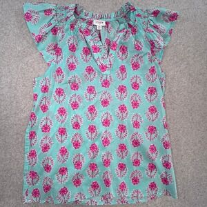 J.Crew Flutter Sleeve Blouse Womens XS Turquoise Pink Floral Block Print